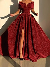 economico GIALLO-Abito da sera A-Line abito scintillante abito formale autunno strascico senza maniche off shoulder paillettes con spacco abito da mascherata 2025