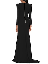 preiswerte SCHWARZ-A-Linie Abendkleid elegantes schwarzes Champagnerkleid Smokingkleid Plus-Size-Kleid formelles Sweep-/Pinselzug langes Kleid mit langen Ärmeln V-Ausschnitt dehnbares Stoff mit Falten Schlitz