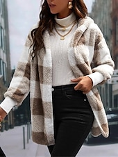 economico Giacche in finta pelle-Per donna Giacca in pile Cappotto teddy Giacca con cappuccio Tenere al caldo Traspirante Tasche In pile Informale Stile di strada Righe e Plaid Da mare San Valentino Strada Da tutti i giorni