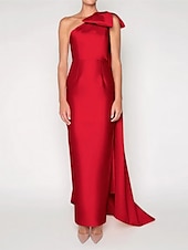 preiswerte ROT-Sheath Abendkleid Elegantes Kleid Formaler Sweep  Brush Train Ärmellos Ein-Schulter Satin mit Schulterblume