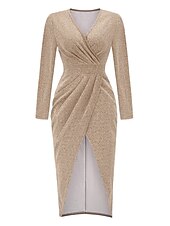 baratos Vestido Simples-Mulheres Vestido preto Vestido de festa Vestido de convidada de casamento Franzido Fenda Decote V Manga Longa Formal Roupa de inverno Prata Preto Primavera Inverno
