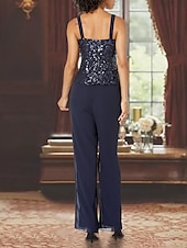 baratos Terninhos de calça da mamãe-Macacão  Terno de Calça 3 Peças Mãe da Noiva Convidada de Casamento Formal Elegante Decote Quadrado Comprimento de Chão Comprimento de Chá Chiffon Renda Lantejoulas Manga 3/4 com Apliques Fenda