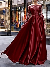 levne červená-A-Liniová večerní šaty Elegantní šaty Svatební host Podzim Šaty až na zem Dlouhý rukáv Off ramínka Pásek  Stuhy Satén s aplikacemi