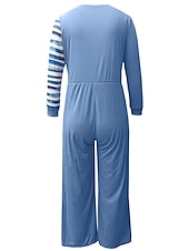 billige grafisk jumpsuit-Dame Normal Kjeledresser Bohem Stripet Langermet Bred Bukseben V-hals Trykt mønster Feriereise Normal Blå Alle årstider