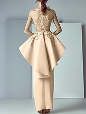 billiga Golvlängd-Sheath Mother of the Bride Dress Formal Wedding Guest Elegant Party Scoop Neck Floor Length Lace Stretch Fabric Long Sleeve Ruffles Appliques free custom size