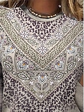 levne tričko umění a designu-Dámské Tričko Leopard Kašmírový vzor Módní Dlouhý rukáv Kulatý Běžné topy Denní Víkend Tisk Šedá Jaro &amp; podzim
