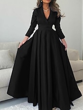 economico Formale / Cravatta nera-Abito di Seta A-Line Abito di Natale Abito da Sera Abito Elegante Formale Abito Rosso Lunghezza fino al Pavimento Manica 3/4 Collo a V con Pieghe abito per impressionare