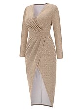 baratos Vestido Simples-Mulheres Vestido preto Vestido de festa Vestido de convidada de casamento Franzido Fenda Decote V Manga Longa Formal Roupa de inverno Prata Preto Primavera Inverno