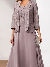 preiswerte Kleidersets-Damen Kleid-Set Spitzenkleid abendkleider Chiffon-Kleid Elegant Modisch Glatt Spitze Patchwork Midikleid 3/4 Ärmel Rundhalsausschnitt Outdoor Party Rosa Herbst Winter Lockere Passform