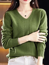 billiga Solida färger-Dam Pullover tröja Mode Ledigt Mjukt Ensfärgat Ribbad V-hals Stickat Långärmad Vanliga toppar Sticka Utomhus Dagligen Utekväll Skogsgrön Körsbärsröd Höst Vinter