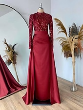 olcso ZÖLD-Felsőréteg Estélyi Ruha Elegáns Ruha Formális Hosszan Fésült  Kefe Vonat Hosszú Ujjú Ékszer Nyak Sátén Pliszekkel Ráncos Flitter