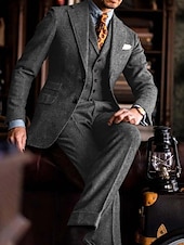 voordelige Formele pakken-Heren Tweed Trouwpakken Lichtblauw Bordeaux Effen Tailored Fit 3-delig Enkele Knopen
