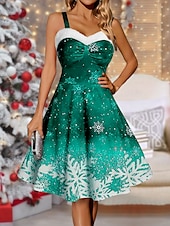 preiswerte Weihnachtskleider-Damen Polyester Winterkleid Unterkleid Schneeflockendruck Träger Midikleid Party Date Ärmellos Herbst Winter