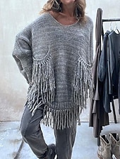 billige Solide farger-Dame Pullover genser Mote Gatemote Fritid Helfarge Riflet Crew-hals Lomme Dusker Strikket Langermet Lange topper Strikke utendørs Daglig Ut på byen Kamel Grønn Høst Vinter