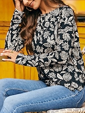 baratos camisas, tops e blusas-blusa camisa com estampa floral gola redonda