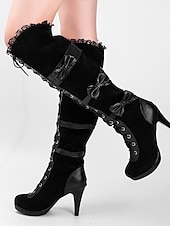  Cizme gotice peste genunchi pentru femei, cu șireturi – tocuri lolita negre din catifea cu funde din satin pentru Halloween, cosplay și petreceri de inspirație vintage