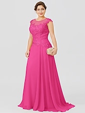 preiswerte Bodenlänge-A-Linie Mutter der Braut Kleid Hochzeitsgast Elegant Plus Size Illusionshals Sweep  Brush Zug Chiffon Perlenbesetzte Spitze Kurze Ärmel ohne Schleife(n) Falten 2025 kostenlose Maßanfertigung