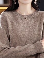 billiga Solida färger-Dam Pullover tröja Mode Streetwear Ledigt Ensfärgat Ribbad Rund hals Stickat Långärmad Vanliga toppar Sticka Utomhus Hem Dagligen Körsbärsröd Räkor Rosa Höst Vinter