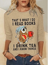 Women's T shirt Long Sleeve Owl Letter Fashion Long Sleeve Round Neck Regular Tops Daily Weekend Print Black Red Blue Green Khaki Spring & Fall Spring, Fall, Winter, Prefall 14