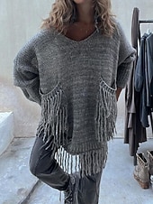 billige Solide farger-Dame Pullover genser Mote Gatemote Fritid Helfarge Riflet Crew-hals Lomme Dusker Strikket Langermet Lange topper Strikke utendørs Daglig Ut på byen Kamel Grønn Høst Vinter