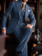 voordelige Formele pakken-Heren Tweed Trouwpakken Lichtblauw Bordeaux Effen Tailored Fit 3-delig Enkele Knopen