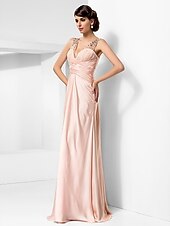 cheap Weddings &amp; Events-Sheath / Column V Neck Floor Length Satin Chiffon Dress with Beading / Criss Cross by TS Couture®