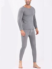 cheap Men&#039;s Pajamas-Men&#039;s Thermal Underwear Sleepwear Thermal Set 2 Pieces Plain Warm Fashion Casual Home Daily Bed Polyester Fleece Comfort Warm Soft Crew Neck Long Sleeve T shirt Tee Pant Fall Winter Black Red