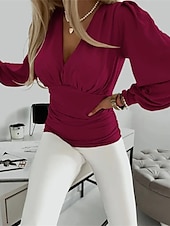 economico Top eleganti-camicetta da donna camicetta elegante top moda manica lunga top regolari scollo a V casual nero rosso cachi primavera&amp;amp;  autunno