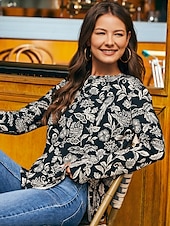 baratos camisas, tops e blusas-blusa camisa com estampa floral gola redonda
