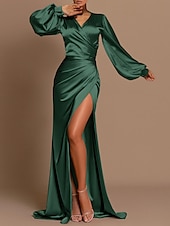 abordables ROUGE-Robe de soirée sirène élégante robe invitée de mariage automne traîne balayeuse manches longues en V satin avec fente froncée 2025