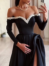 abordables NOIR-Robe de soirée A-Line noire robe formelle de masquerade traîne balayée  traîne brossée manches longues hors épaule en satin avec perles fente