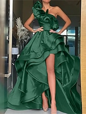 ieftine roșu-Rochie de seară A-Line elegantă rochie formală de nuntă asimetrică fără mâneci un umăr satin cu volane slit rochie de mascaradă
