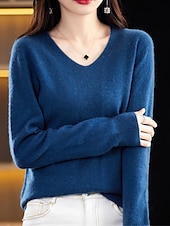billiga Solida färger-Dam Pullover tröja Mode Ledigt Mjukt Ensfärgat Ribbad V-hals Stickat Långärmad Vanliga toppar Sticka Utomhus Dagligen Utekväll Skogsgrön Körsbärsröd Höst Vinter