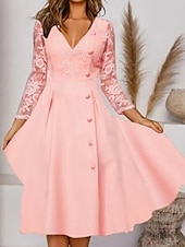 cheap Cocktail Dress-Women&#039;s Midi Dress Lace Dress Party Dress Swing Dress A Line Dress Elegant Casual Mature Vacation Daily Date Regular Fit Pure Color 3/4 Length Sleeve V Neck Pink Summer Spring Fall