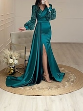 abordables Rose-Robe de soirée Sirène Robe Sequins Formelle Traîne cour Manches longues Col en V Invitée de mariage d&#039;automne Charmeuse avec fente Robe de masque 2025