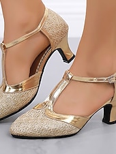 economico Scarpe da ballo di sala e danza moderna-Scarpe da ballo latino da donna con cinturino a T e glitter dorati, scarpe con tacco basso per balli da sala, salsa e tango.