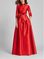 preiswerte GELB-A-Linien-Abendkleid Champagner Gold Minimalistisches Kleid Formal Hochzeitsgast Bodenlang Halber Ärmel Hemdkragen Satin mit Schleife(n) Falten