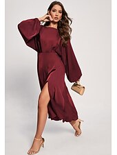economico Abiti floreali-Vestito midi casual da donna, svasato, girocollo, manica lunga, senza schienale, spacco, per tutti i giorni, per uscire, moda moderna, primavera autunno