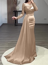 levne modrá-Krajkový šaty starožitného večeře elegantní šaty formální svatební host vlečka dlouhé rukávy šperkový výstřih charmeuse s nařenými perlami maškarní šaty 2025