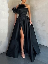 abordables NOIR-Robe de soirée A-Line noire robe à fente élevée robe formelle longueur de sol sans manches épaule unique satin avec fente en plumes 2025