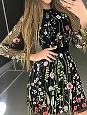 billiga Blommiga klänningar-kvinnors mesh fodral klänning rosa klänning tunika klänning blommig mesh lapptäcke rund hals miniklänning daglig semester långärmad höst vinter