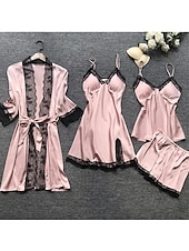 billiga Sovkläder till damer-pyjamasset för kvinnor 4 stycken ren färg enkel avslappnad mjuk hem daglig säng polyester andas v wire långärmad dräkt topp shorts resår midja sommar vår hem outfits