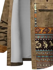 Недорогие мужская куртка-рубашка-Муж. Этно Бандана с принтом Рубашка Куртка-рубашка Длинный рукав Винтаж Туземные на открытом воздухе Для улицы На каждый день Наступила зима Отложной Пуговицы Карман С принтом Коричневый