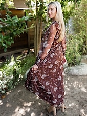 economico abito casual stampato-maxi abito floreale in rete con scollo a V