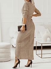 baratos Vestido Simples-Mulheres Vestido preto Vestido de festa Vestido de convidada de casamento Franzido Fenda Decote V Manga Longa Formal Roupa de inverno Prata Preto Primavera Inverno