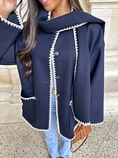 abordables Manteaux &amp; trenchs-Femme Manteau Chaud Brodée Poche Elégant Classique Moderne Couleur unie Soirée Travail Usage quotidien Boutonnage Simple Normal Ras du cou Ample manche longue Vêtements d&#039;extérieur Noir Bleu Kaki