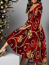 preiswerte Blumenkleid-Neujahr Damen Midi Kleid A-Linien Kleid Winter Kleid Swing Kleid Semi-Formal Kleid Mode Streetwear Modern Formal Outdoor Party Reguläre Passform Floral Schneeflocke 3/4 Länge Ärmel V-Ausschnitt