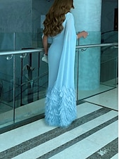 preiswerte BLAU-Sheath Abendkleid elegantes Kleid formelles Fall-Sweep-/Pinselzug ärmelloses Cowl-Ausschnitt Chiffon mit Feder Raffung Schlitz 2025