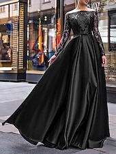 levne červená-A-Liniová večerní šaty Elegantní šaty Svatební host Podzim Šaty až na zem Dlouhý rukáv Off ramínka Pásek  Stuhy Satén s aplikacemi