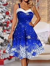 preiswerte Weihnachtskleider-Damen Polyester Winterkleid Unterkleid Schneeflockendruck Träger Midikleid Party Date Ärmellos Herbst Winter